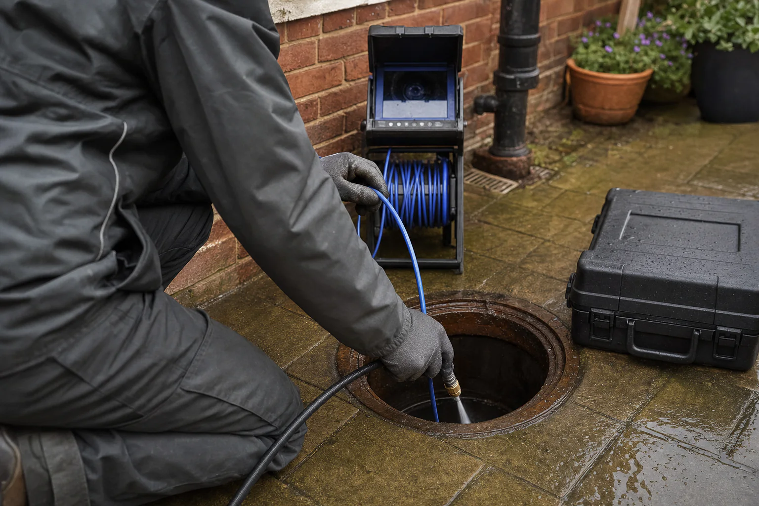 A drainage engineer inspecting professional pipe equipment