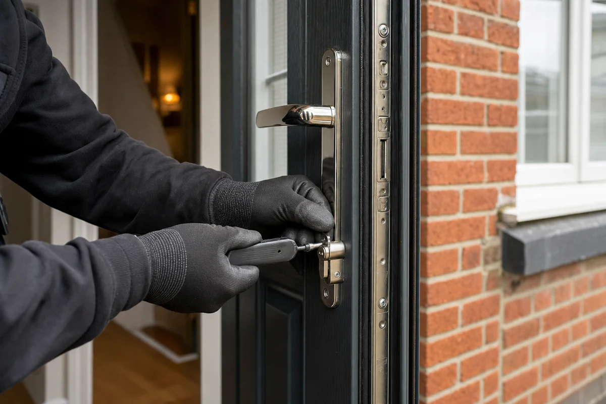 A locksmith fitting a modern lock to a UK front door