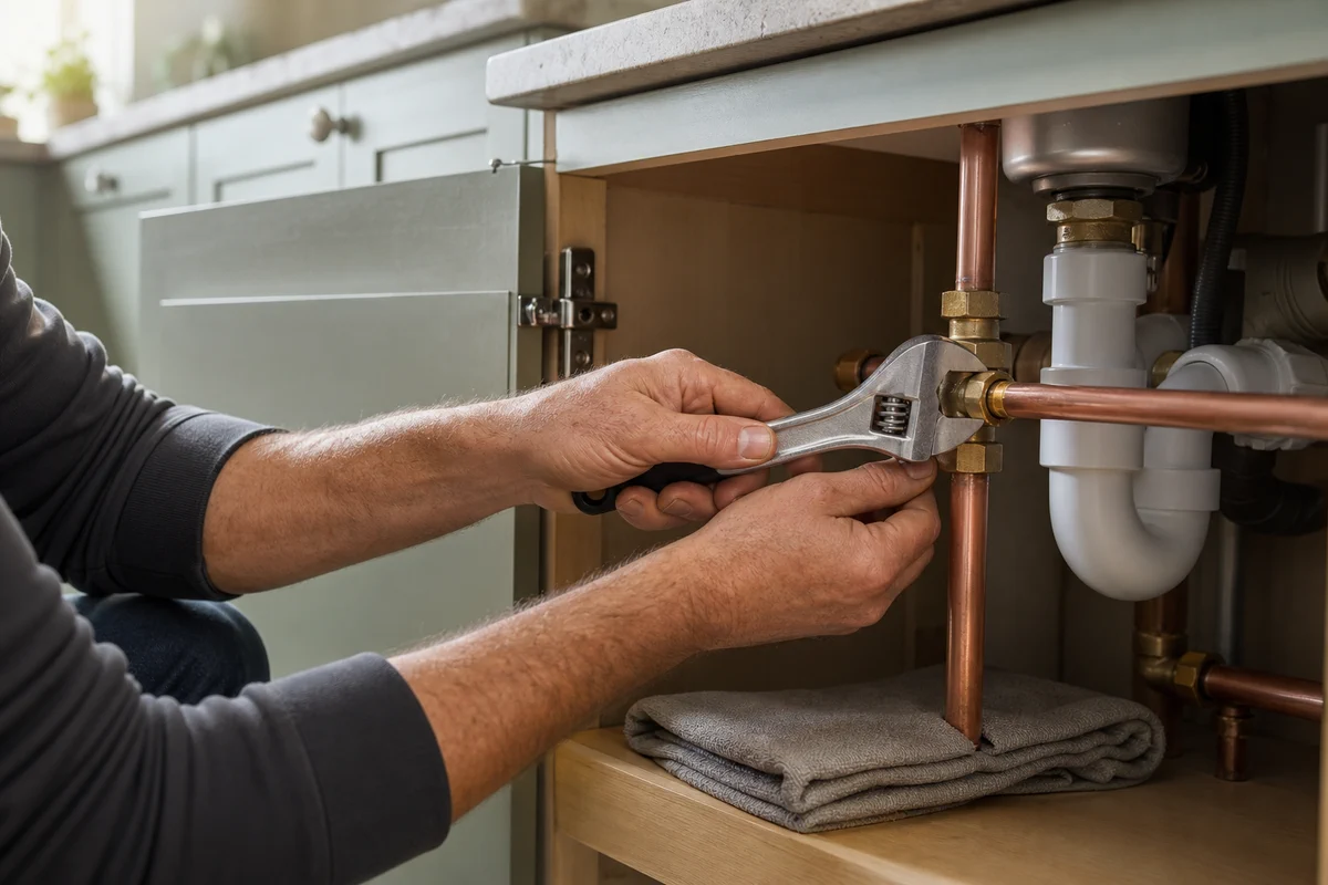 A professional plumber working on domestic pipework