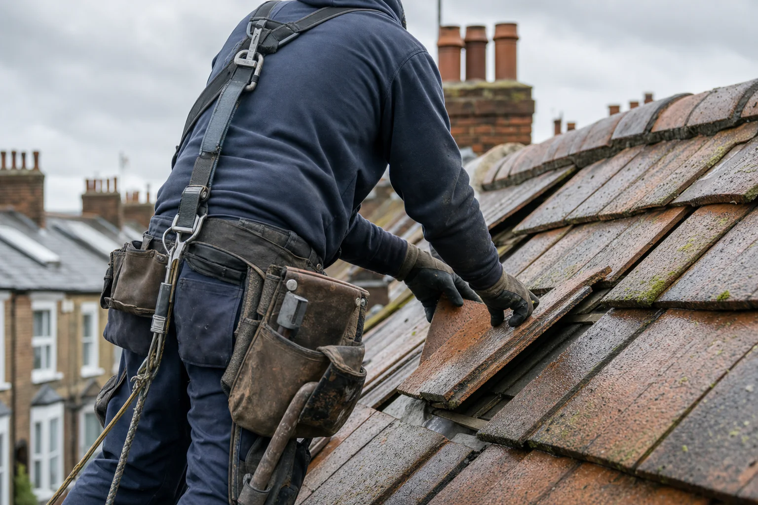 A roofer working safely on a tiled UK house roof